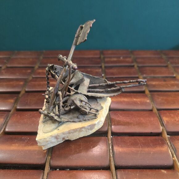 Brutalist Copper Shipwreck Sculpture on Stone Base Mid Century Vintage 5"x3.5"x3 - Picture 1 of 6